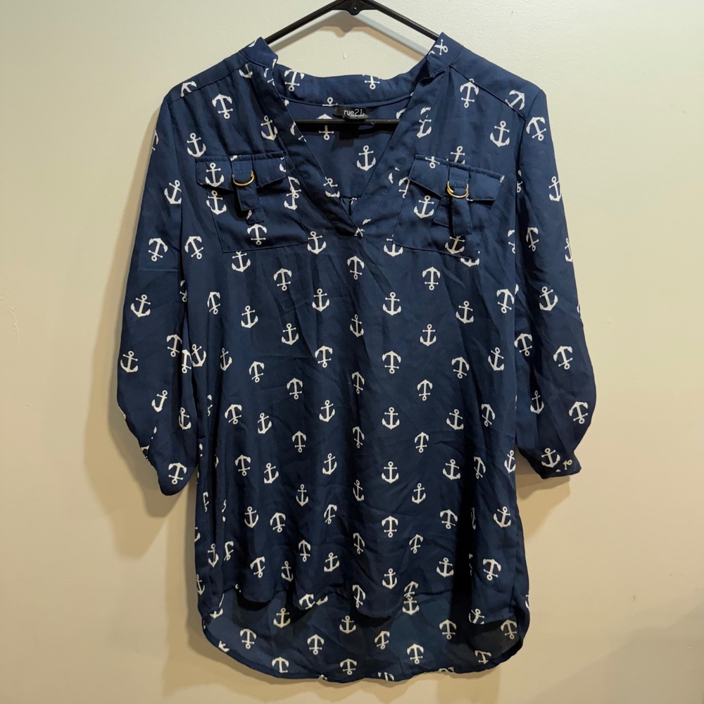 rue21 Womens Navy Blue White Anchor Print Nautical V-Neck Roll Tab Blouse Small